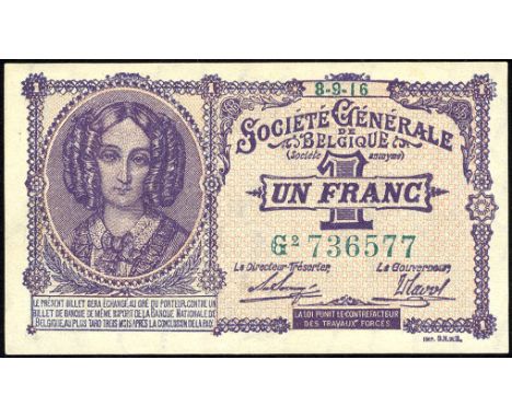 Belgium, NBBB-2b, P 86a, Société Générale de Belgique, 1 Franc, 8 September 1916. Portrait of Queen Louise-Marie at left on f