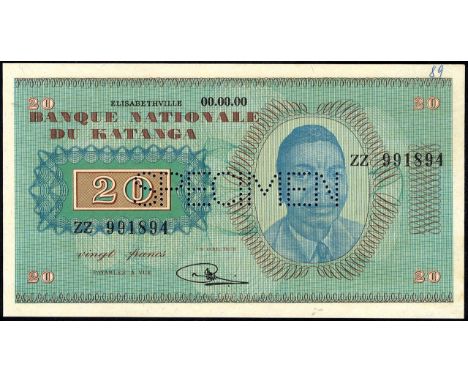 Katanga, P 6s, Linzmayer B204s, Banque Nationale du Katanga, 20 Francs, 00.00.00 (1960), SPECIMEN. Portrait of Moise Tshombe 