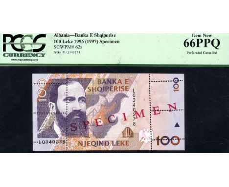 Albania, P 62s, Linzmayer B312as2, Banka E Shqipiperise, 100 Leke, 1996 (1997), SPECIMEN. Portrait of Fan S. Noli at left on 