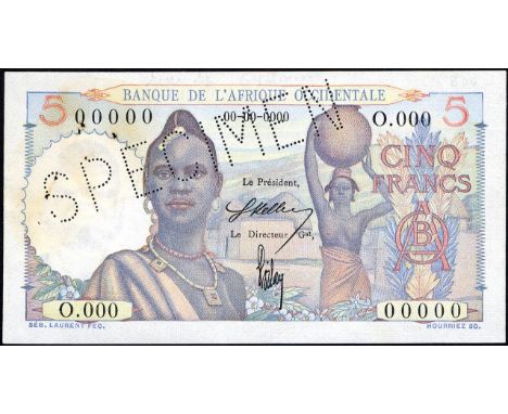 French West Africa, P 36s, Leclerc/Kolsky 180, Banque de l'Afrique Occidentale, 5 Francs, (1943-54), SPECIMEN. Young African 