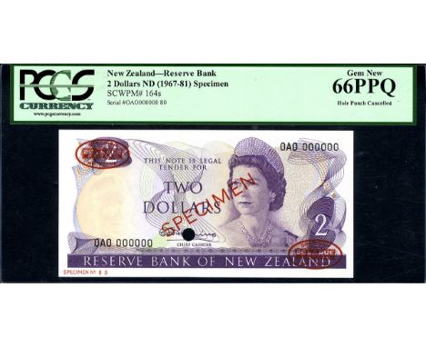 New Zealand, P 164s, Linzmayer B11as, Reserve Bank of New Zealand, 2 Dollars, (1967-81), SPECIMEN. Portrait of Queen Elizabet