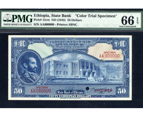 Ethiopia, P 15cts, Linzmayer B204ct, State Bank of Ethiopia, 50 Dollars, (1945), COLOR TRIAL. Blue. Portrait of Emperor Haile