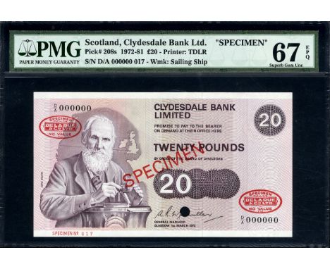 Scotland, P 208s, Clydesdale Bank Ltd., 20 Pounds, 1 March 1972, SPECIMEN. Portrait of Lord Kelvin at left on front. Signatur