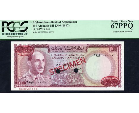 Afghanistan, P 44s, Linzmayer B327as1, Bank of Afghanistan, 100 Afghanis, SH1346 (1967), SPECIMEN. Portrait of King Muhammad 