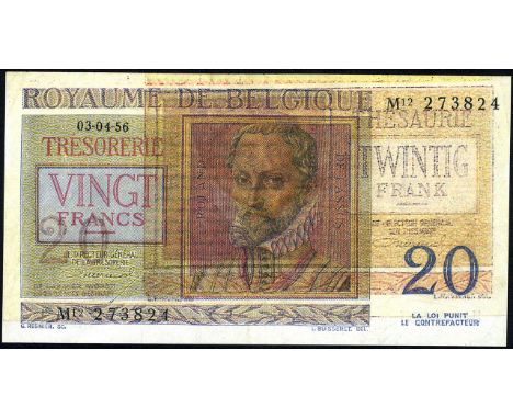 Belgium, NBBB-28b, P 132b, Royaume de Belgique, 20 Francs, 3 April 1956, ERROR NOTE. Portrait of R. de Lassus at center on fr