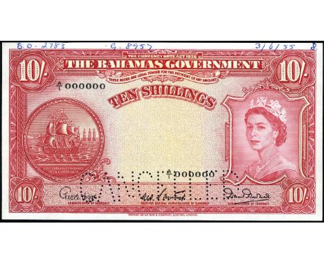 Bahamas, P 14as, Linzmayer B113bs, The Bahamas Government, 10 Shillings, (1954), SPECIMEN.  Ship seal at left, portrait of Qu