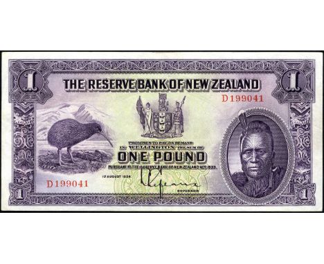 New Zealand, P 155, Linzmayer B102a, Reserve Bank of New Zealand, 1 Pound, 1 August 1934. Kiwi at left, arms at upper center,