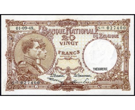 Belgium, NBBB-27, P 116, Banque Nationale de Belgique, 20 Francs, 1 September 1948. Portrait of King Albert and Queen Elisabe