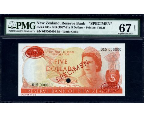 New Zealand, P 165s, Linzmayer B112as, Reserve Bank of New Zealand, 5 Dollars, (1967-81), SPECIMEN. Portrait of Queen Elizabe