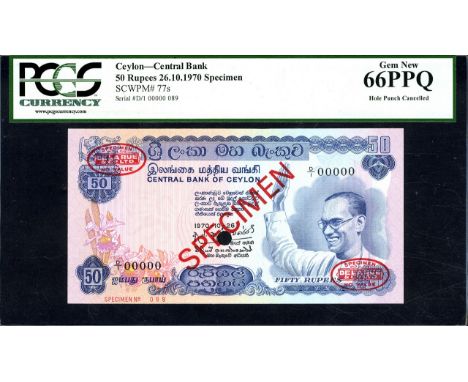Ceylon, P 77s, Linzmayer B331as, Central Bank of Ceylon, 50 Rupees, 26 October 1970, SPECIMEN. Portrait of Bandaranaike at ri