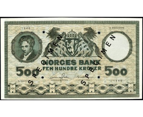 Norway, P 34s, Norges Bank, 500 Kroner, 1948, SPECIMEN. Portrait of Niels Henrik Abel at upper left, coat of arms of Norway a