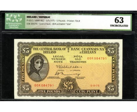 Ireland Republic, P 65r2, MWR RB2, The Central Bank of Ireland, 5 Pounds, 5 September 1975, REPLACEMENT. Lady Hazel Lavery at
