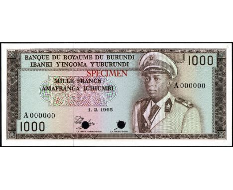 Burundi, P 14ct, Linzmayer B114at, Banque du Royaume du Burundi, 1,000 Francs, 1 February 1965, COLOR TRIAL. Brown. Portrait 