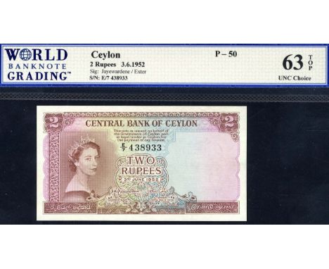 Ceylon, P 50, Linzmayer B304a, Central Bank of Ceylon, 2 Rupees, 3 June 1952. Portrait of Queen Elizabeth II at left on front