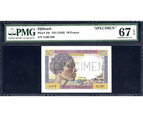 French Somaliland, P 19s, Banque de l'Indochine, 10 Francs, (1946), SPECIMEN. Portrait of a woman at left on front. Man with 