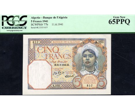 Algeria, P 77b, Banque d'Algéria, 5 Francs, 11 June 1941. Portrait of a girl at right on front. Veiled woman with fruit at ri