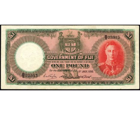 Fiji, P 40e, Government of Fiji, 1 Pound, 1 July 1950. Portrait of King George VI at right on front., # B/5 22913, Multiple t
