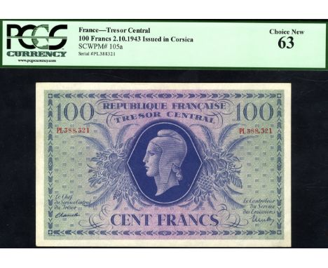 France, P 105a, Fayette VF 6.1, WWII, Tresor Central, 100 Francs, 2 October 1943. Portrait of Marianne at center on front. Si
