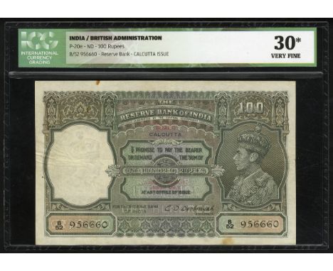 Burma, P NL, Jhunjhunwalla/Razack 5.16.1, The Reserve Bank of India, Calcutta, 100 Rupees, (1943). Portrait of King George VI