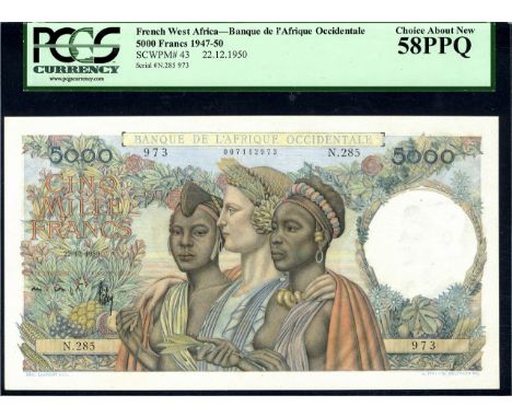 French West Africa, P 43, Leclerc/Kolsky 204, Banque de l'Afrique Occidentale, 5,000 Francs, 22 December 1950. Two African wo