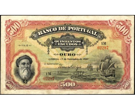 Portugal, P 130, Banco de Portugal, 500 Escudos, 17 November 1922. Portrait Vasco da Gama at left, sailing ships at right on 