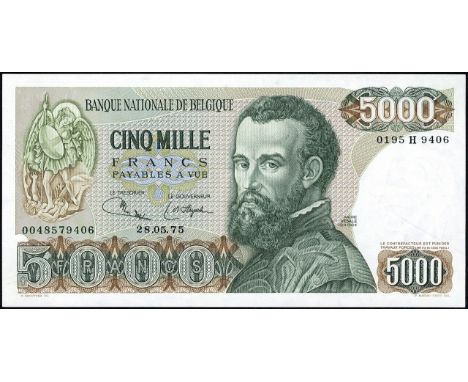 Belgium, NBBB-107c, P 137, Banque Nationale de Belgique, 5,000 Francs, 28 May 1975. Portrait of André Vesalius at center on f