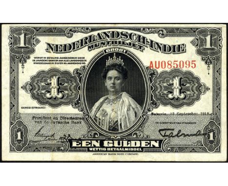 Netherlands Indies, P 100, Handjaja H-118, UnO 216b, Government of the Netherlands Indies, 1 Gulden, 13 September 1919. Portr