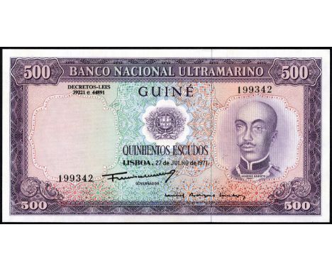 Portuguese Guinea, P 46a, Banco Nacional Ultramarino, Guiné, 500 Escudos, 27 July 1971. Coat of arms of Portugal at upper cen