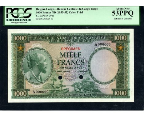 Belgian Congo, P 29ct, NBBC C14ct, Banque Centrale du Congo Belge et du Ruanda-Urundi, 1,000 Francs, (1953-55), COLOR TRIAL. 