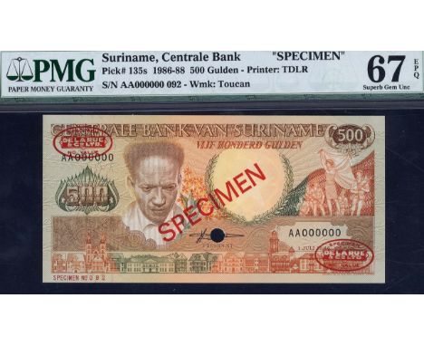 Suriname, P 135s, Linzmayer B521as, Centrale Bank van Suriname, 500 Gulden, 1 July 1986, SPECIMEN. Portrait of Anton de Kom a