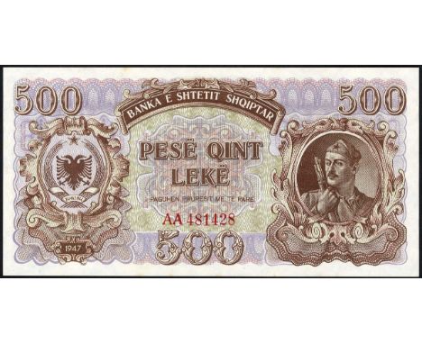 Albania, P 22, Linzmayer B211a, Banka e Shtetit Shqiptar, 500 Lekë, 1947. Coat of arms of Albania at left, soldier holding ri