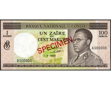 Congo Democratic Republic, P 12s2, Linzmayer B209cs1, Banque Nationale du Congo, 1 Zaïre = 100 Makuta, 1 September 1968. Fath
