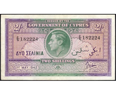 Cyprus, P 21, Linzmayer B121e, Government of Cyprus, 2 Shillings, 1 May 1942. Portrait of King George VI at center on front. 