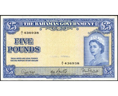 Bahamas, P 16b, Linzmayer B115b, The Bahamas Government, 5 Pounds, (1954). Portrait of Queen Elizabeth II at right on front. 