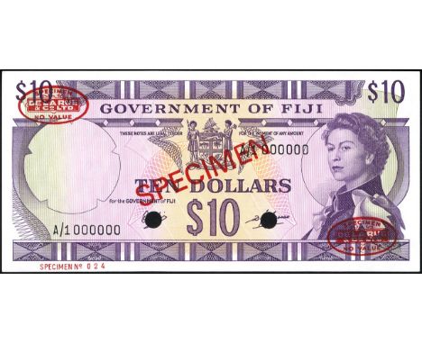 Fiji, P 62s, Government of Fiji, 10 Dollars (1969), SPECIMEN. Coat of arms of Fiji at upper center, portrait of Queen Elizabe