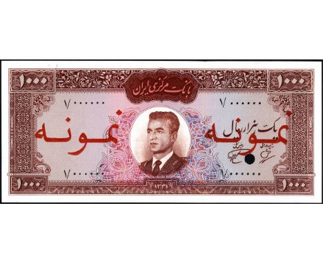 Iran, P 75s, Linzmayer B207as, Bank Markazi Iran, 1,000 Rials, SH1341 (1962), SPECIMEN. Portrait of Mohammad Reza Shah Pahlav