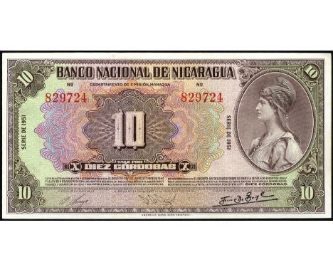 Nicaragua, P 94c, Banco Nacional de Nicaragua, 10 Córdobas, 1951. Portrait of Liberty at right on front. Coat of arms of Nica
