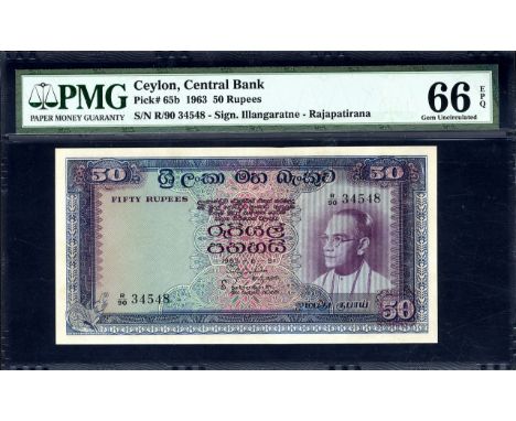 Ceylon, P 65b, Linzmayer B319b, Central Bank of Ceylon, 50 Rupees, 5 June 1963. Portrait of Bandaranaike at right on front. S