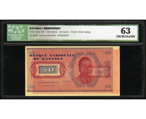 Katanga, P 7r, Linzmayer B205r2, Banque Nationale du Katanga, 50 Francs, (1960), REMAINDER. Portrait of Moise Tshombe at righ