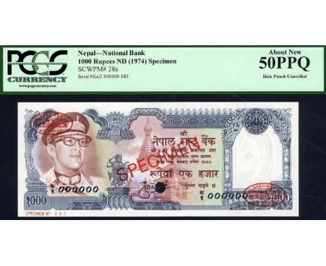 Nepal, P 28s, Linzmayer B222as2, 1,000 Rupees, (1974), SPECIMEN. Portrait of King Birendra at left, goddess Bhagwati and Sway