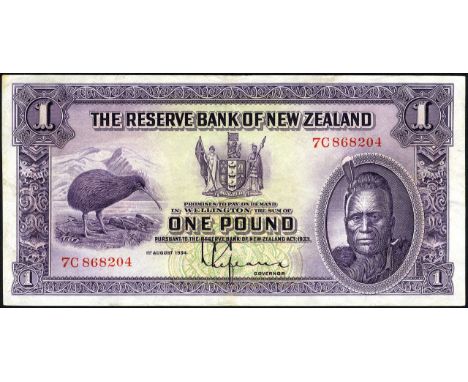 New Zealand, P 155, Linzmayer B102a, Reserve Bank of New Zealand, 1 Pound, 1 August 1934. Kiwi at left, arms at upper center,