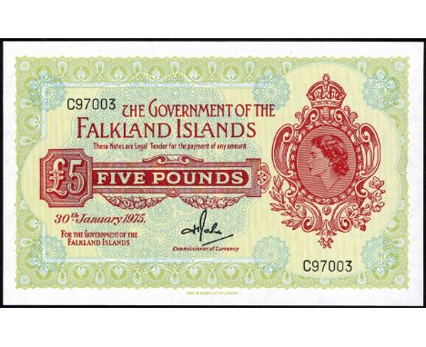 Falkland Islands (Malvinas), P 9b, Linzmayer B214b, Government of the Falkland Islands, 5 Pounds, 30 January 1975. Portrait o