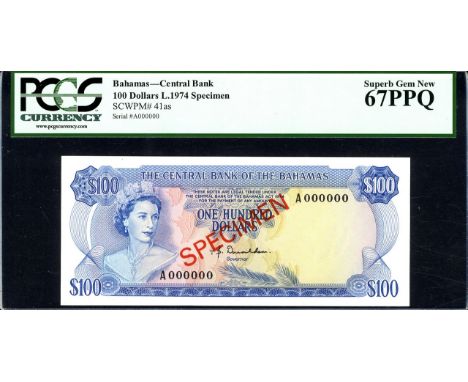 Bahamas, P 41as, Linzmayer B306as, The Central Bank of the Bahamas, 100 Dollars, L.1974, SPECIMEN. Portrait of Queen Elizabet