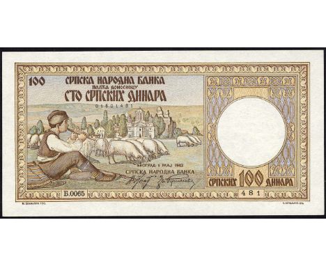 Serbia, P 30, Barac R150, Serbian National Bank, 100 Dinara, 1 May 1942. Seated shepherd-boy playing flute at left, flock of 