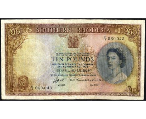 Southern Rhodesia, P 15a, Linzmayer B110a1, Southern Rhodesia Currency Board, 10 Pounds, 15 April 1953. Portrait of Queen Eli