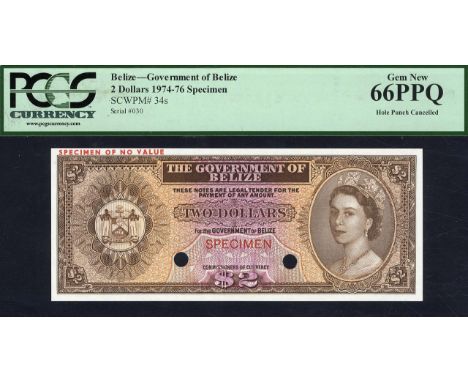 Belize, P 34s, Linzmayer B102, The Government of Belize, 2 Dollars, (1974-76), SPECIMEN. Coat of arms of Belize at left, port