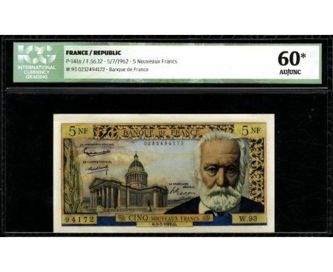France, P 141a, Fayette 56.12, Baque de France, 5 Nouveaux Francs, 5 July 1962. Portrait of Victor Hugo at right, Panthéon in