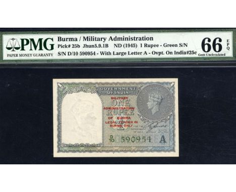 Burma, P 25b, Linzmayer B503b, Jhunjhunwalla 5.9.1B, Military Administration of Burma, 1 Rupee, (1945). Obverse of Indian 1-r