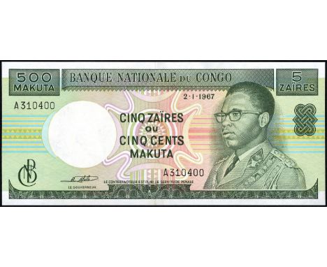 Congo Democratic Republic, P 13a, Linzmayer B210a, Banque Nationale du Congo, 5 Zaïres = 500 Makuta, 2 January 1967. Portrait