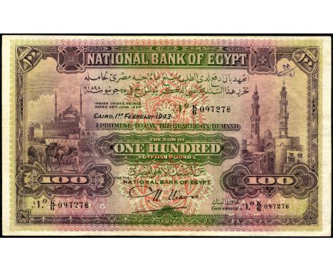 Egypt, P 17d, National Bank of Egypt, 100 Pounds, 1 February 1943. Citadel of Cairo at left and mosque at right on front. Sma